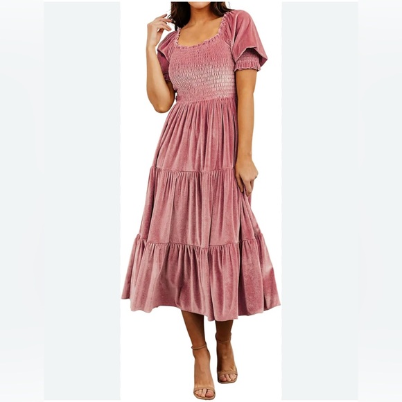 realtix Dresses & Skirts - 🎉HP🎉 New Pink Velvet Smocked Tiered Midi w/Puff Sleeves XL